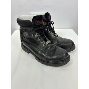 Harley Davidson Lace Up Ankle Boots Black Leather 11.5 Lug Sole Pewter Logo